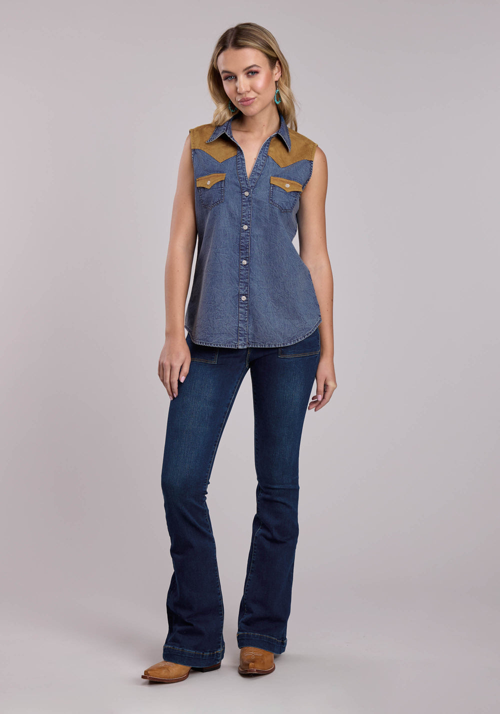 WOMENS ROPER BLUE DENIM SLEEVELESS WESTERN BLOUSE