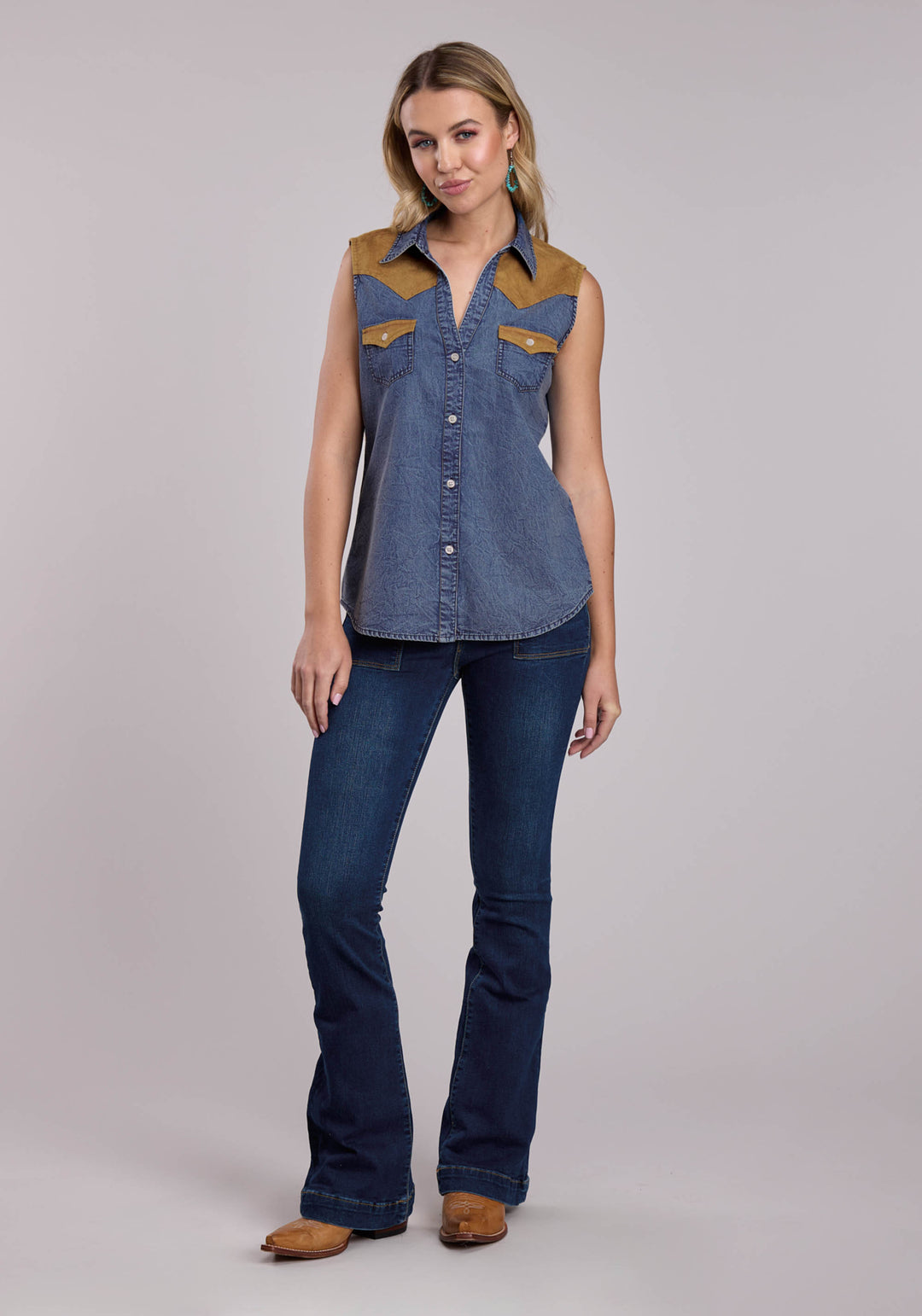 WOMENS ROPER BLUE DENIM SLEEVELESS WESTERN BLOUSE
