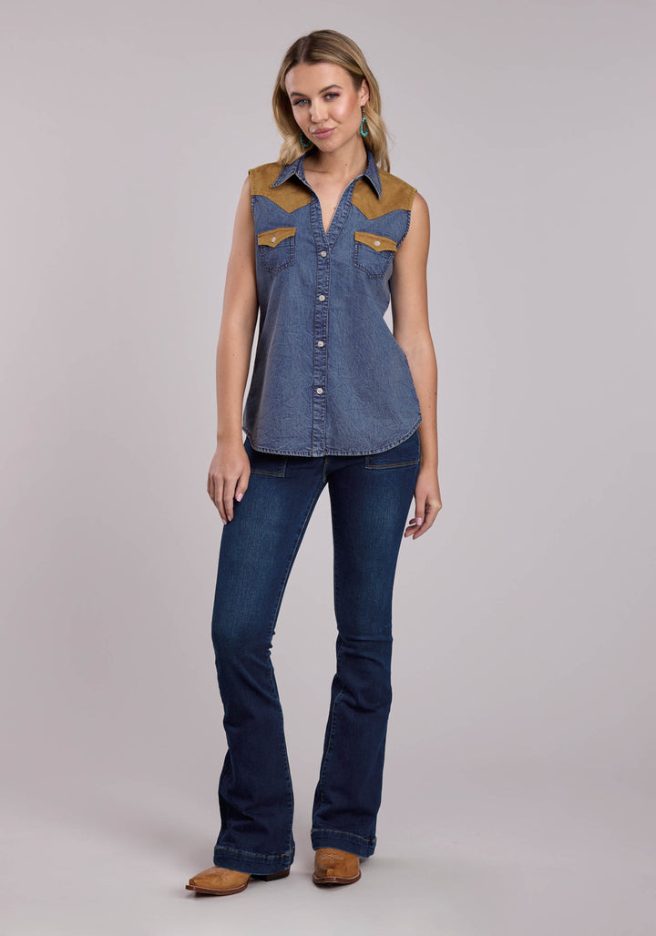 WOMENS ROPER BLUE DENIM SLEEVELESS WESTERN BLOUSE