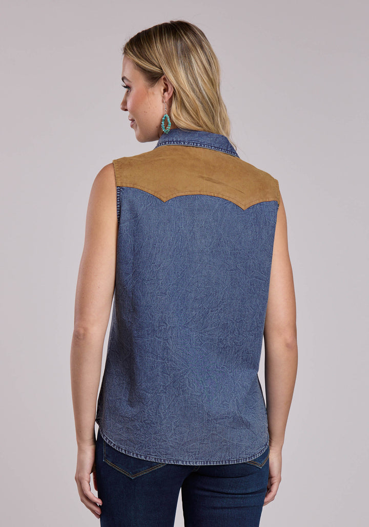 WOMENS ROPER BLUE DENIM SLEEVELESS WESTERN BLOUSE
