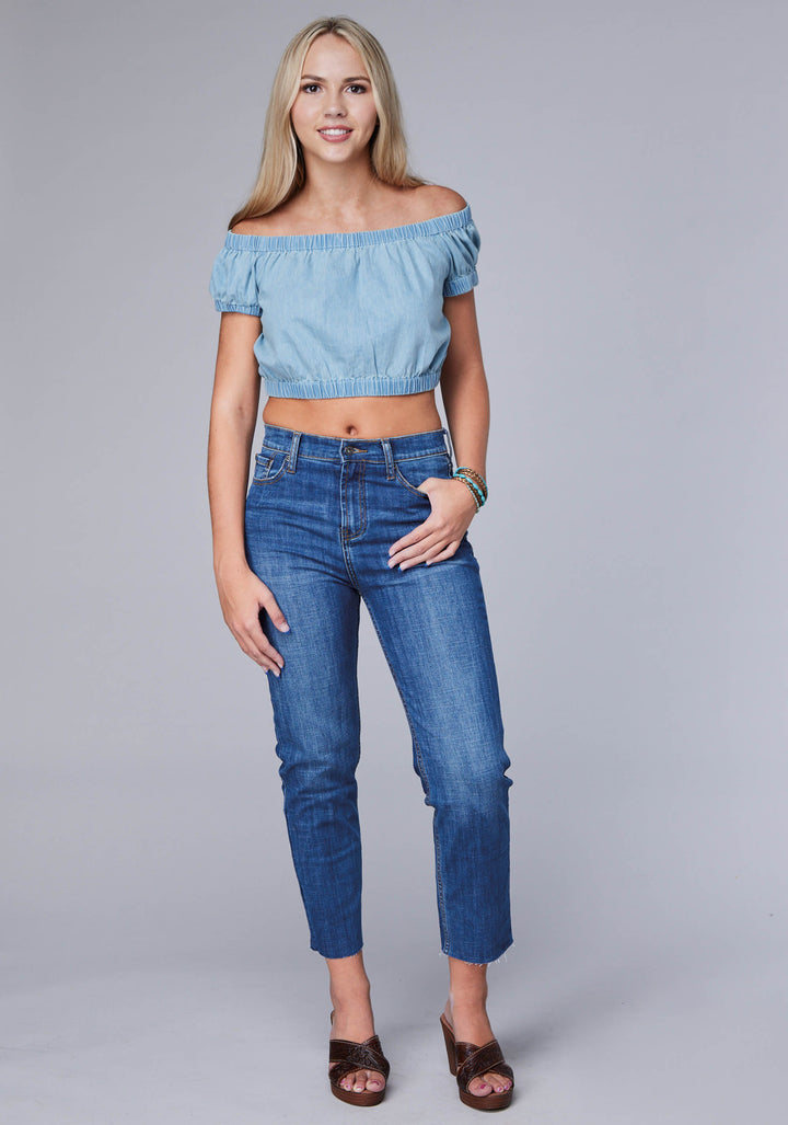 WOMENS SLEEVELESS LIGHT BLUE DENIM TOP TWITH ELASTIC AROUND NECKLINE CUFF AND HEMLINE