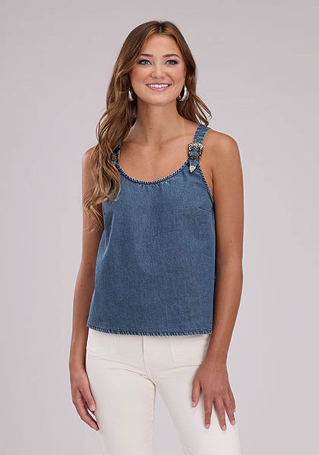 WOMENS DENIM TANK WITH BELT BUCKLE STRAP SLEEVELESS PULLOVER WESTERN SHIRT