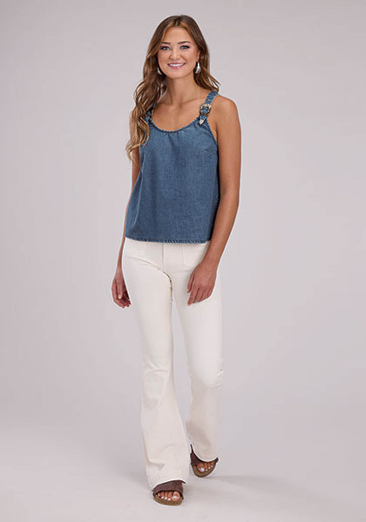 WOMENS DENIM TANK WITH BELT BUCKLE STRAP SLEEVELESS PULLOVER WESTERN SHIRT