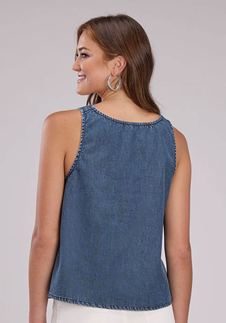 WOMENS DENIM TANK WITH BELT BUCKLE STRAP SLEEVELESS PULLOVER WESTERN SHIRT