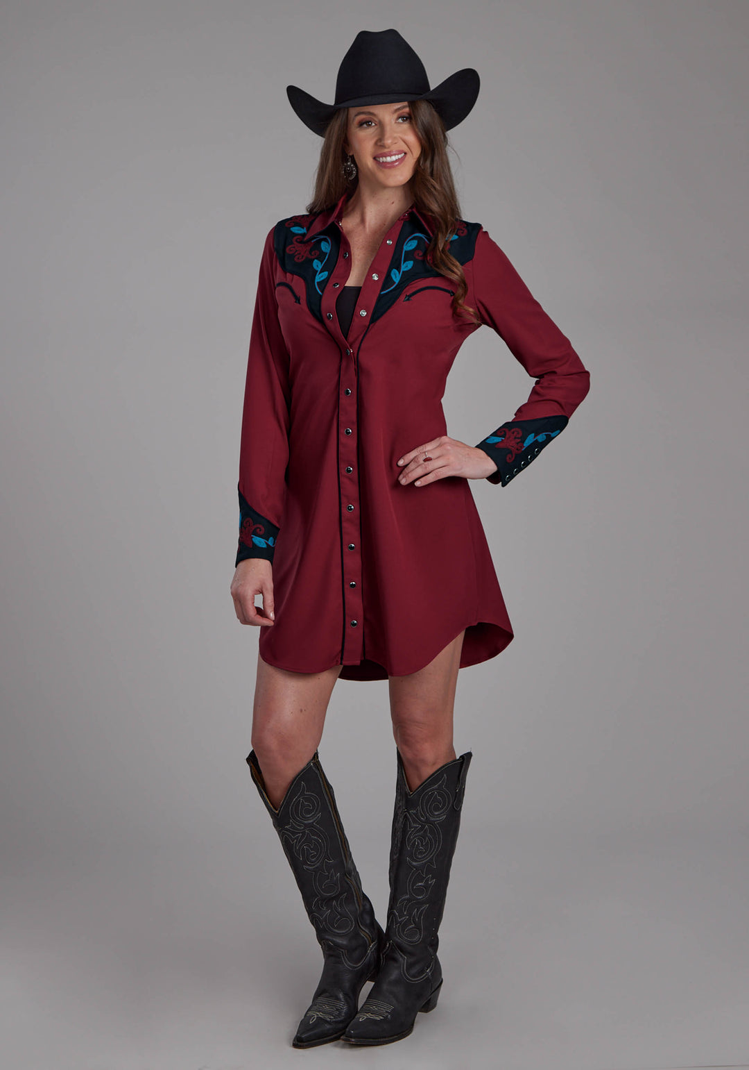 WOMENS POLY SPANDEX TWILL DRESS LONG SLEEVE DRESS SNAP DRESS