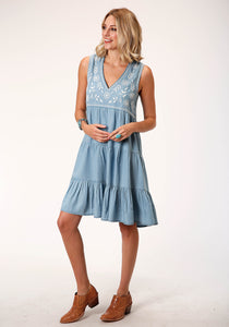 WOMENS SLEEVELESS COTTON DENIM THREETIERED DRESS