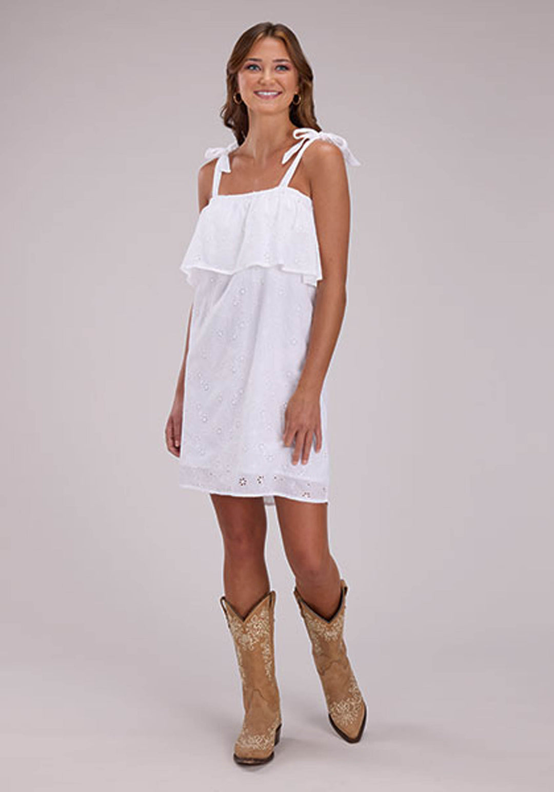 WOMENS SLEEVELESS DRESS PULLOVER WHITE EYELET SUNDRESS, ABOVE KNEE WESTERN DRESS