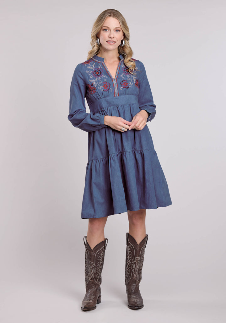 WOMENS LONG SLEEVE DRESS BUTTON MED BLUE COTTON DENIM PEASANT WESTERN DRESS