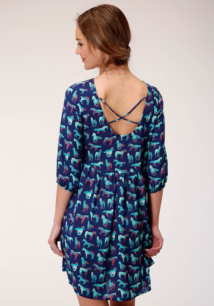 WOMENS LONG SLEEVE PRINT RAYON LOOSE FIT FLOWY DRESS