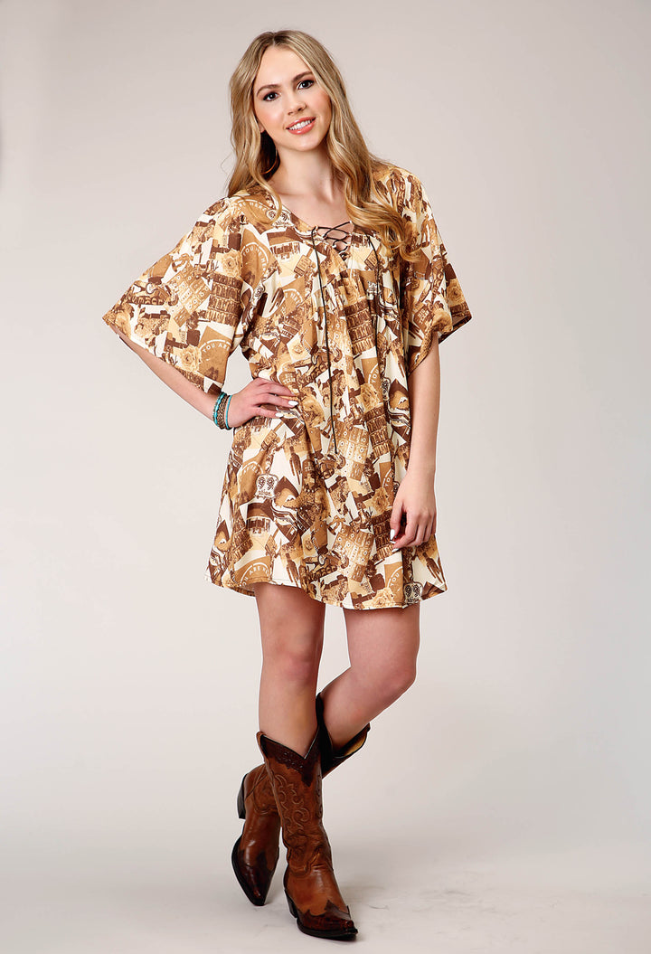 WOMENS SHORT SLEEVE COLLAGE PRINT PEASANT DRESS WITH DOLMAN SLEEVES EMPIRE WAIST