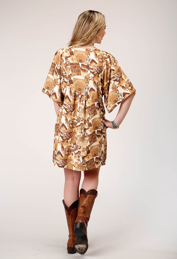 WOMENS SHORT SLEEVE COLLAGE PRINT PEASANT DRESS WITH DOLMAN SLEEVES EMPIRE WAIST