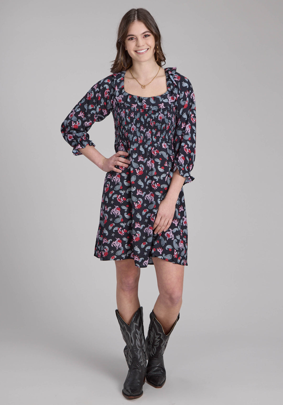 WOMENS BRONC RIDERS PRINTED RAYON DRESS LONG SLEEVE DRESS PULLOVER DRESS