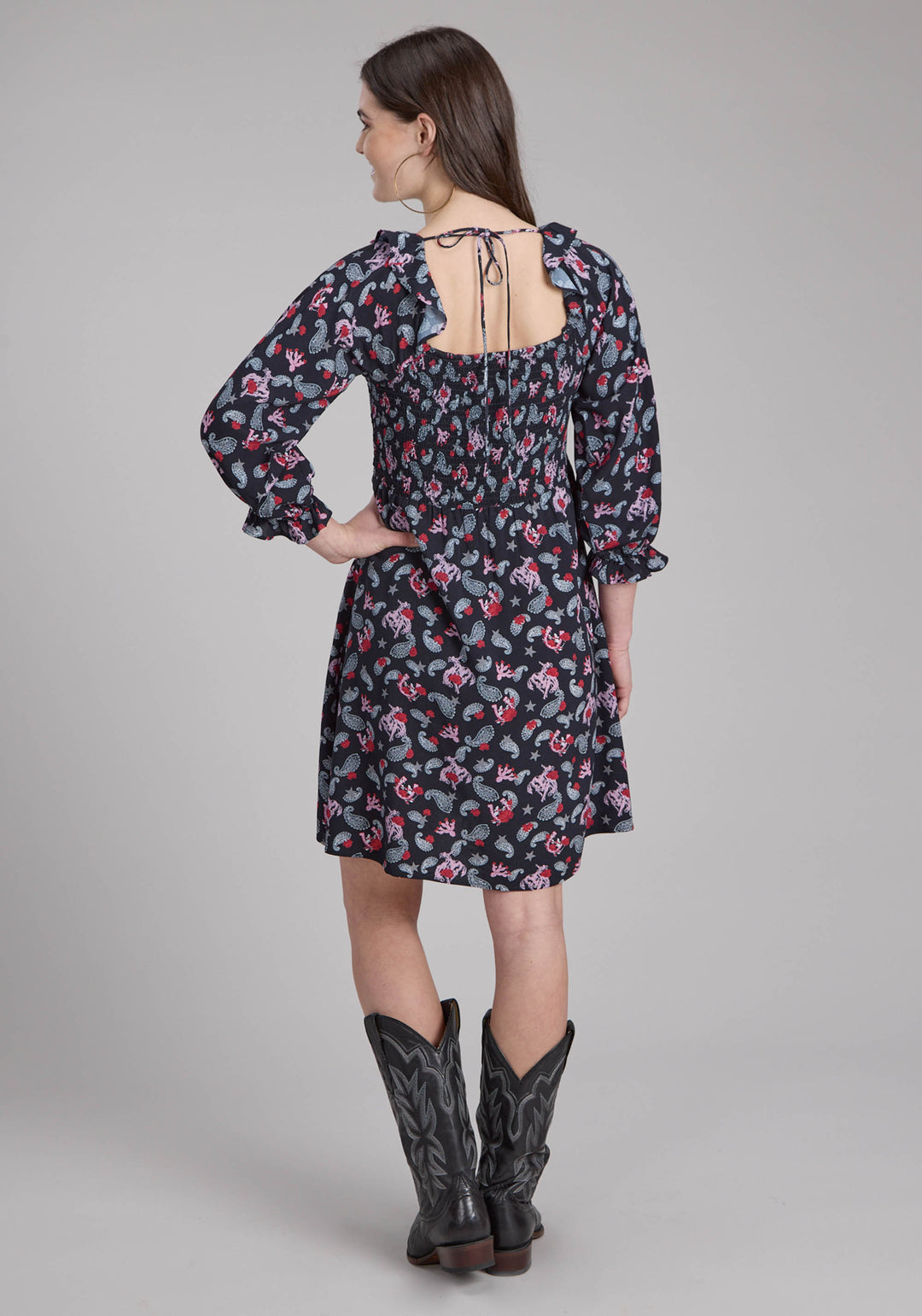WOMENS BRONC RIDERS PRINTED RAYON DRESS LONG SLEEVE DRESS PULLOVER DRESS