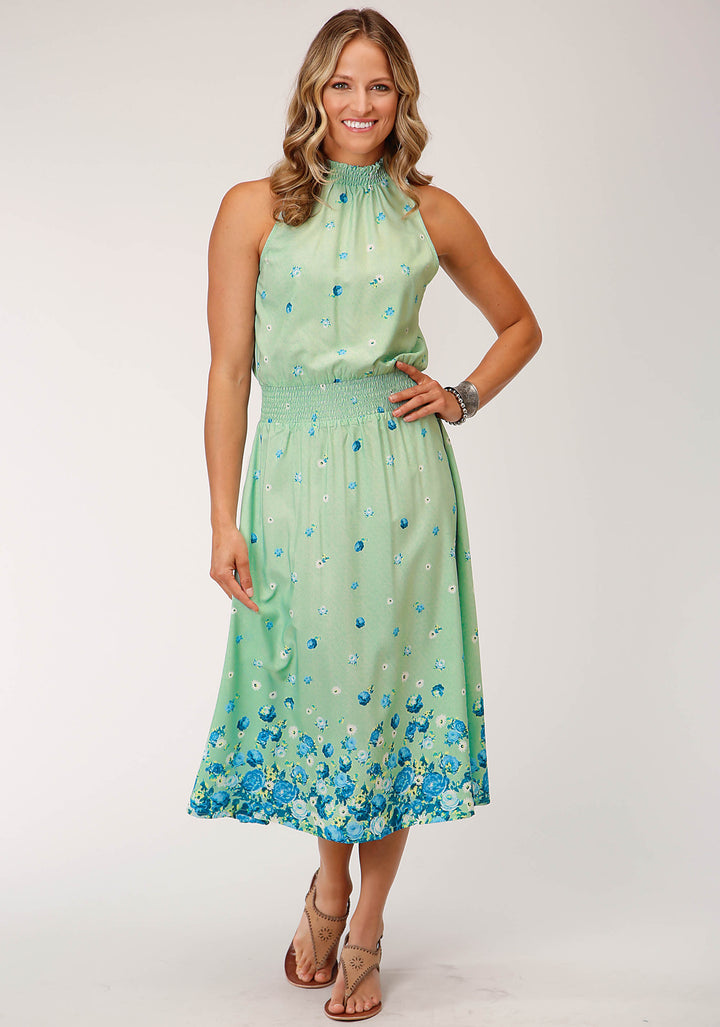 WOMENS SLEEVELESS SUMMER FLORAL BRORDER PRINT AMER CREPE DRESS