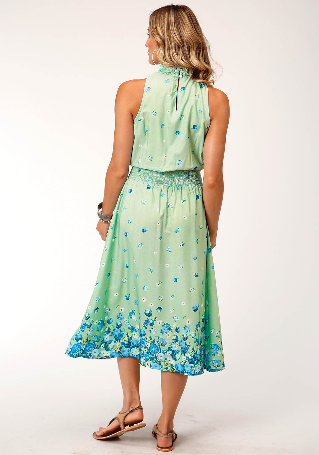 WOMENS SLEEVELESS SUMMER FLORAL BRORDER PRINT AMER CREPE DRESS