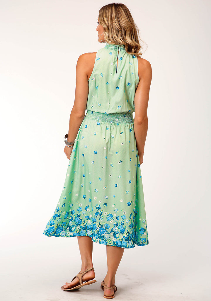 WOMENS SLEEVELESS SUMMER FLORAL BRORDER PRINT AMER CREPE DRESS