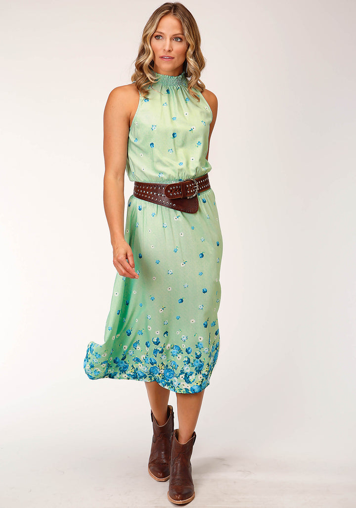WOMENS SLEEVELESS SUMMER FLORAL BRORDER PRINT AMER CREPE DRESS