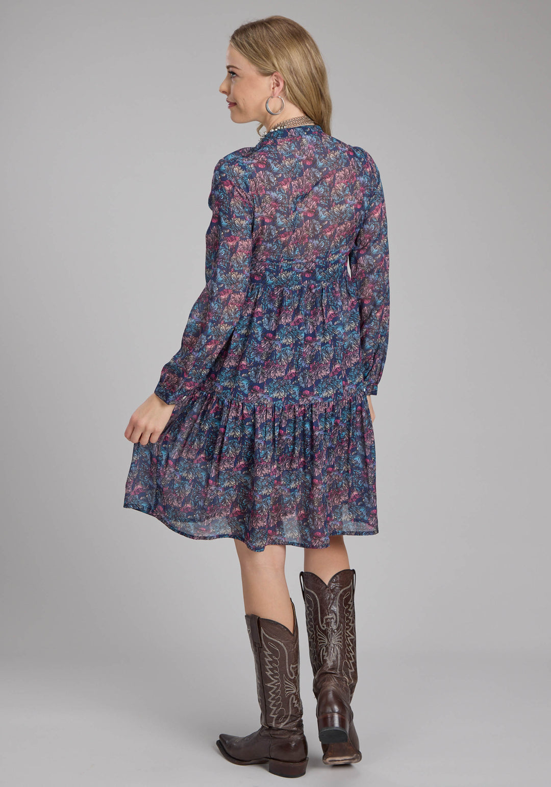 WOMENS "GEM FLORAL" PRINT GEORGETTE LONG SLEEVE DRESS BUTTON DRESS