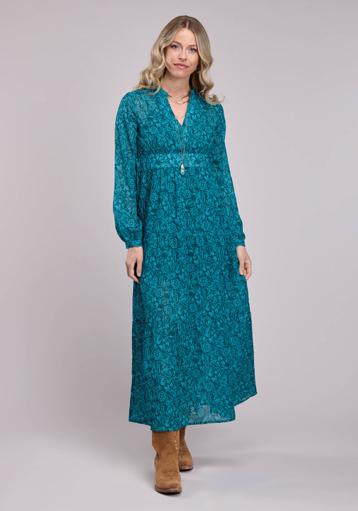 WOMENS LONG SLEEVE DRESS BUTTON TOOLED FLORAL PRINT POLY GEORGETTE WESTERN DRESS