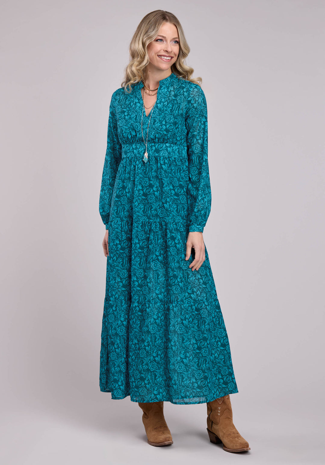 Womens Long Sleeve Dress Button Tooled Floral Print Poly Georgette Wes