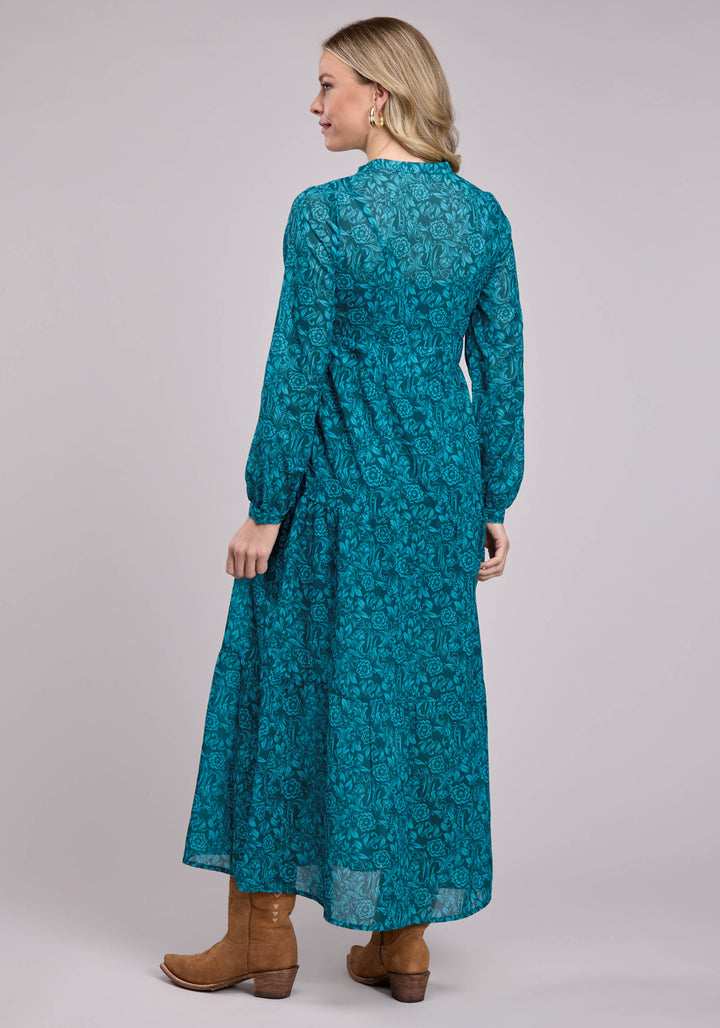 WOMENS LONG SLEEVE DRESS BUTTON TOOLED FLORAL PRINT POLY GEORGETTE WESTERN DRESS