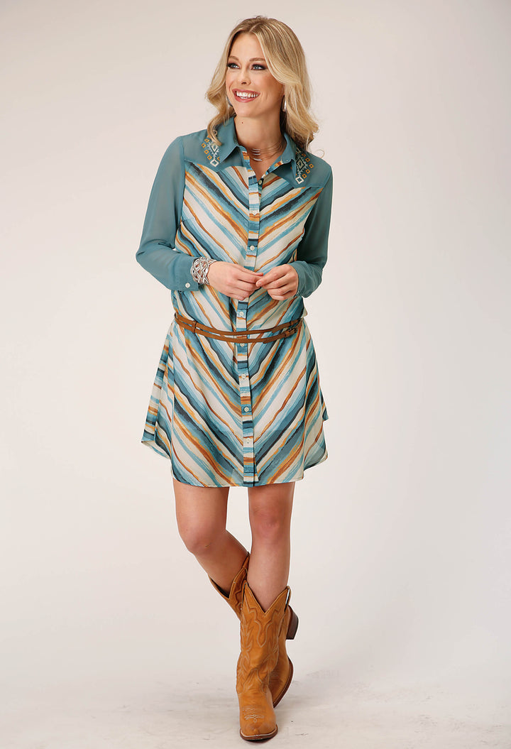 WOMENS LONG SLEEVE WATERCOLOR STRIPE PRINT SHIRT DRESS WITH CONTRAST DENIM YOKES AND SLEEVES