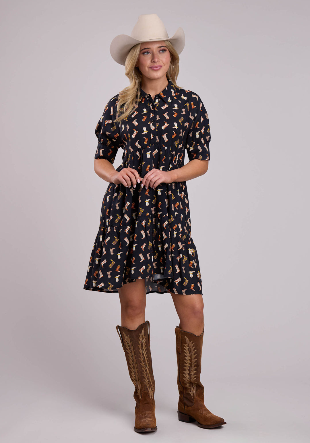 WOMENS SHORT SLEEVE DRESS BUTTON BOOT PRINTED RAYON BABYDOLL WESTERN DRESS