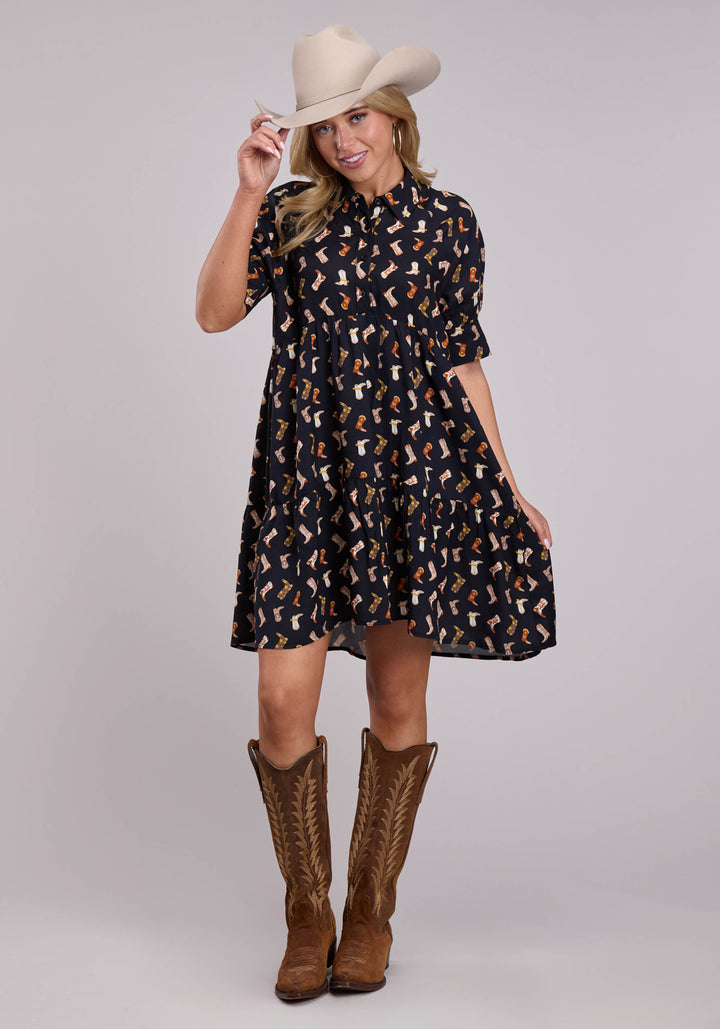 WOMENS SHORT SLEEVE DRESS BUTTON BOOT PRINTED RAYON BABYDOLL WESTERN DRESS