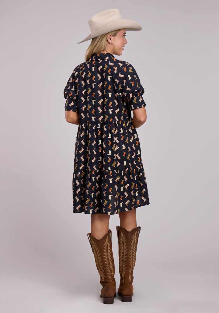 WOMENS SHORT SLEEVE DRESS BUTTON BOOT PRINTED RAYON BABYDOLL WESTERN DRESS
