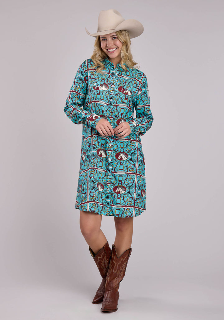 WOMENS LONG SLEEVE DRESS BUTTON SCARF PRINT RAYON WESTERN DRESS