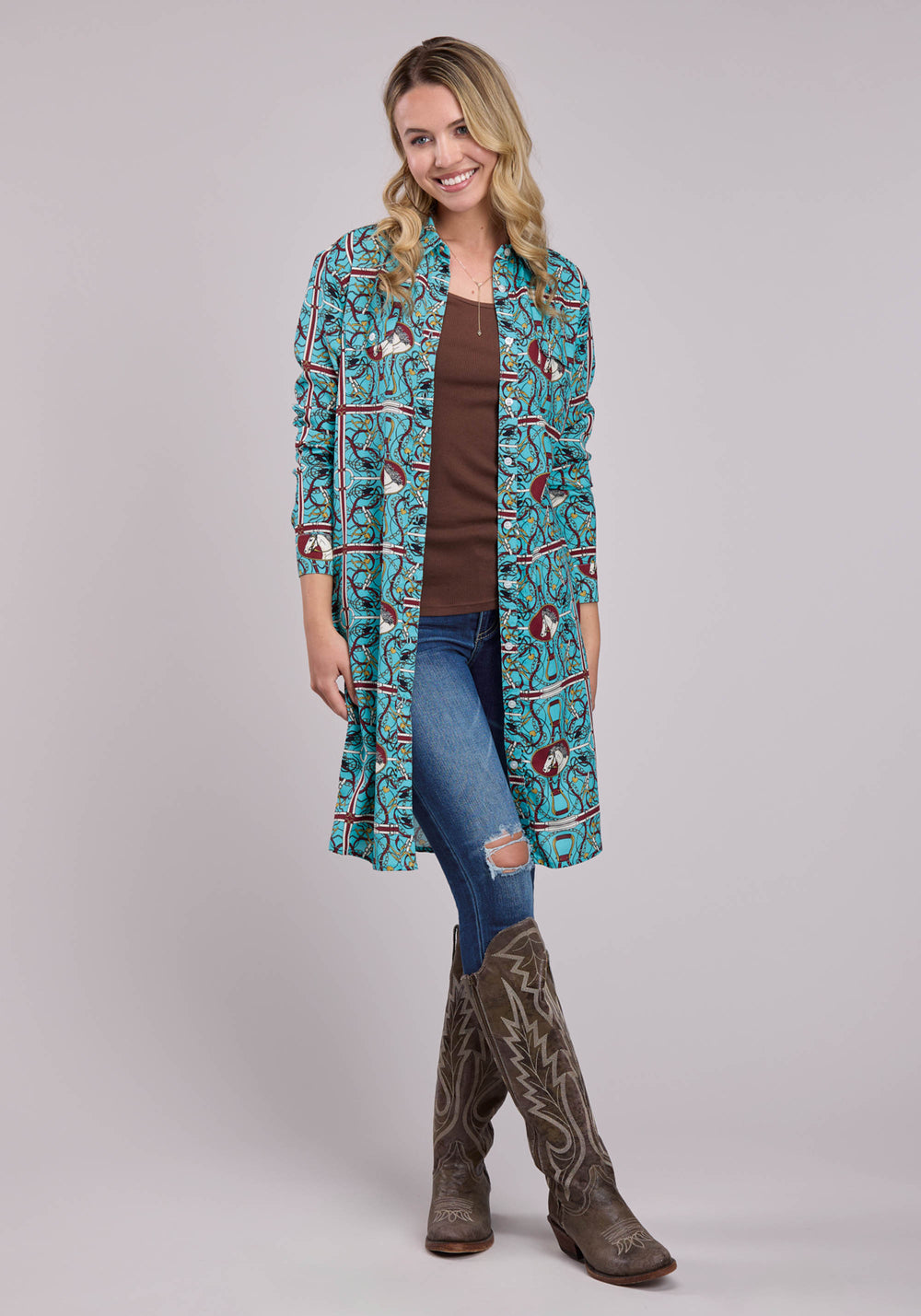 WOMENS LONG SLEEVE DRESS BUTTON SCARF PRINT RAYON WESTERN DRESS