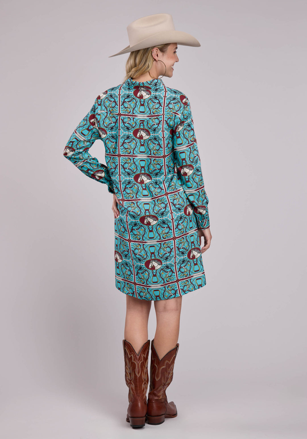 WOMENS LONG SLEEVE DRESS BUTTON SCARF PRINT RAYON WESTERN DRESS