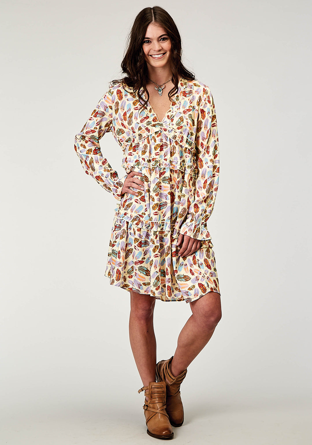 WOMENS LONG SLEEVE FEATHER TOSS PRINTED RAYON DRESS WITH V NECK 2 TIER SLEEVE SELF RUFFLES