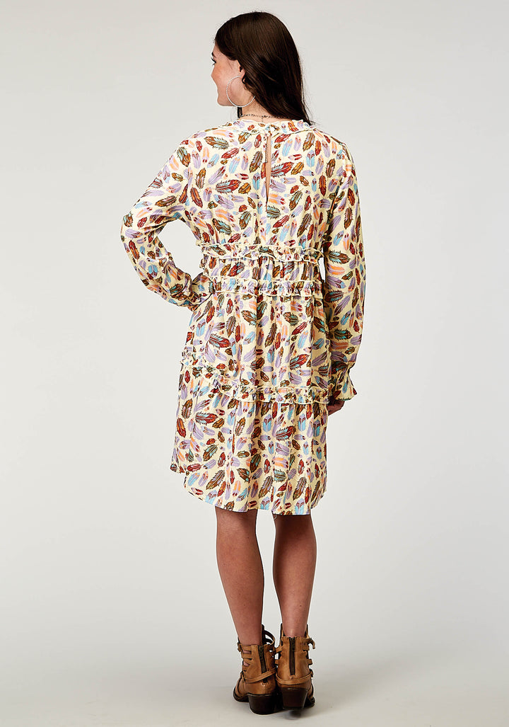 WOMENS LONG SLEEVE FEATHER TOSS PRINTED RAYON DRESS WITH V NECK 2 TIER SLEEVE SELF RUFFLES