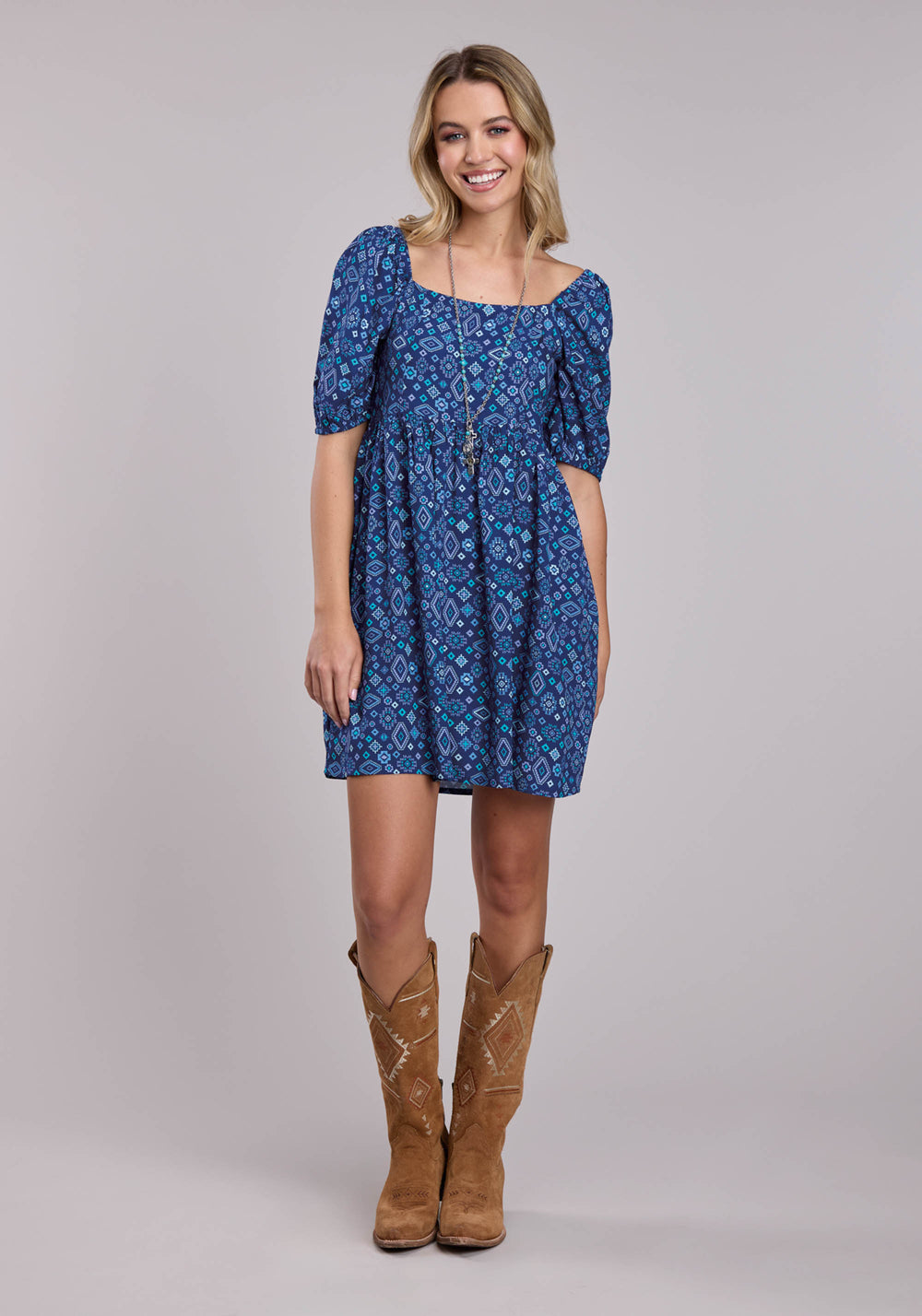 WOMENS ROPER BLUE AZTEC BABYDOLL SHORT SLEEVE DRESS