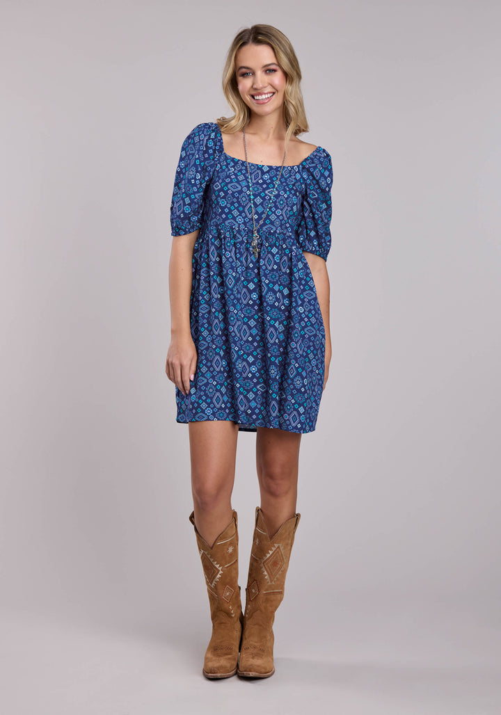 WOMENS ROPER BLUE AZTEC BABYDOLL SHORT SLEEVE DRESS