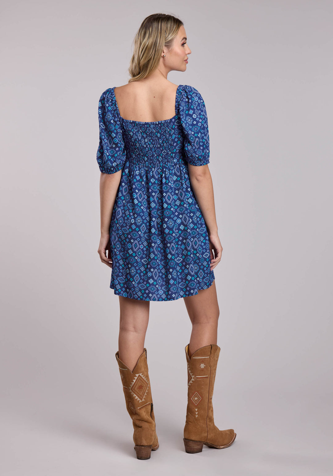 WOMENS ROPER BLUE AZTEC BABYDOLL SHORT SLEEVE DRESS