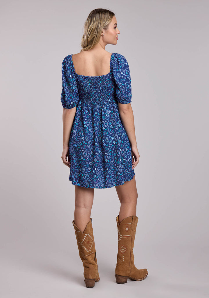 WOMENS ROPER BLUE AZTEC BABYDOLL SHORT SLEEVE DRESS