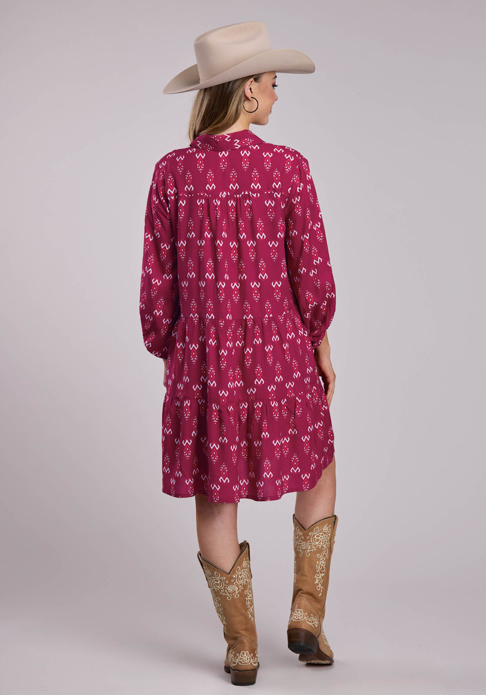 WOMENS ROPER RASPBERRY PRINTED RAYON LONG SLEEVE DRESS