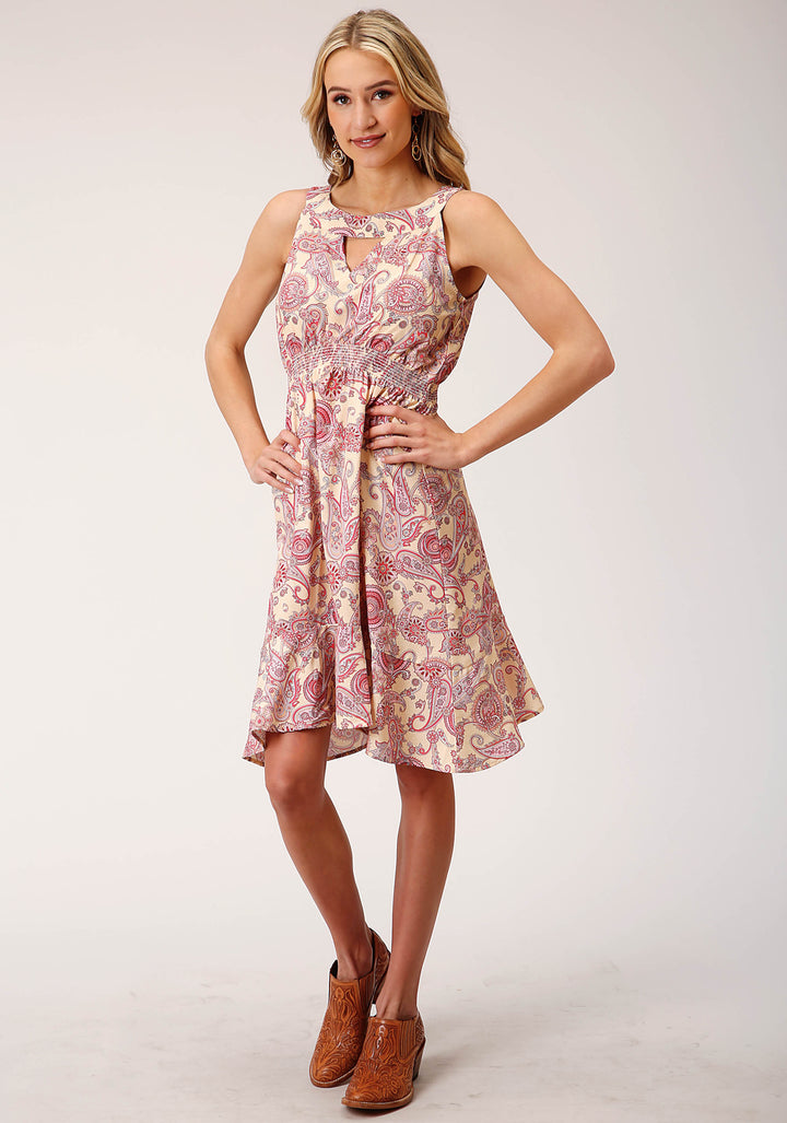 WOMENS SLEEVELESS SPRING PAISLEY PRINT POLY CREPE DRESS