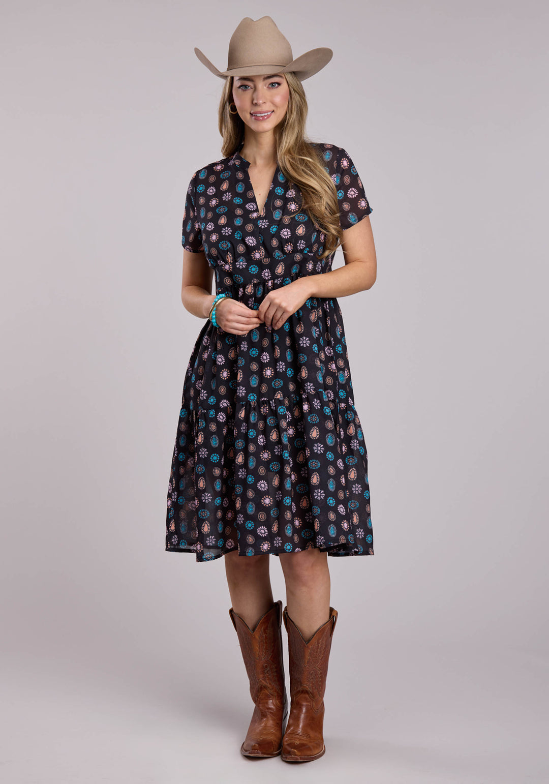 WOMENS ROPER BLACK CONCHO PRINT POLY GEORGETTE SHORT SLEEVE DRESS