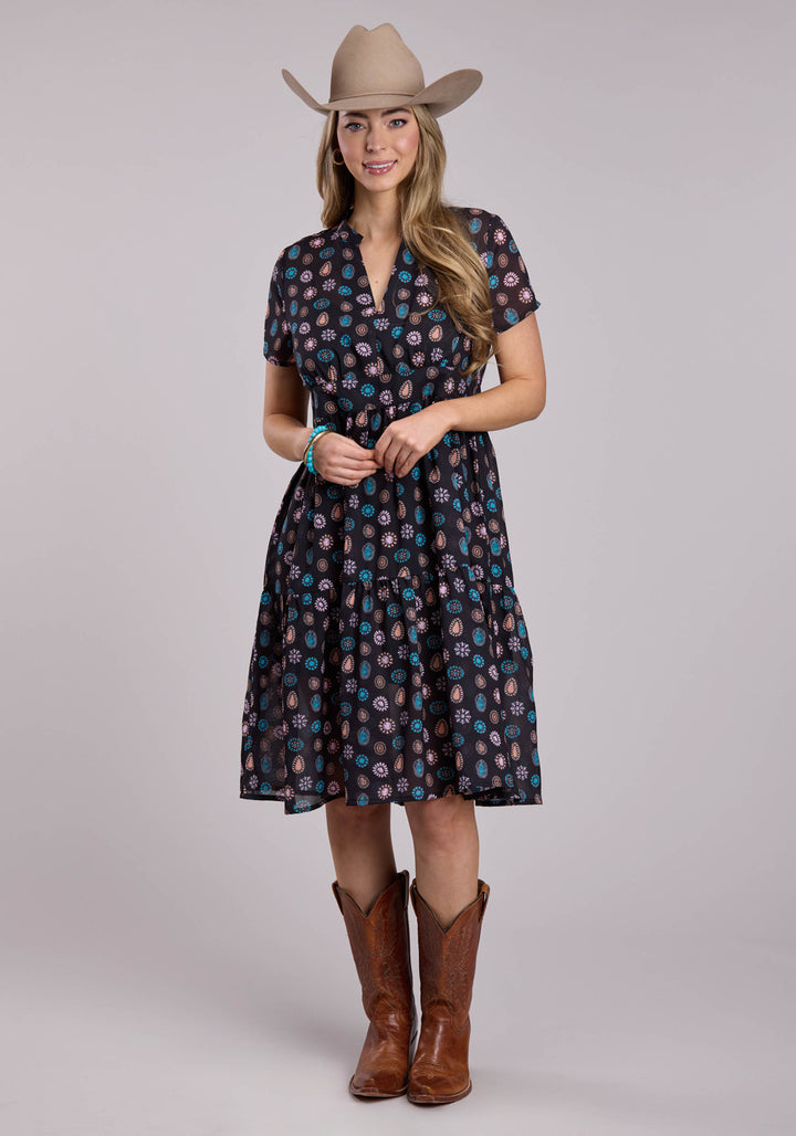 WOMENS ROPER BLACK CONCHO PRINT POLY GEORGETTE SHORT SLEEVE DRESS
