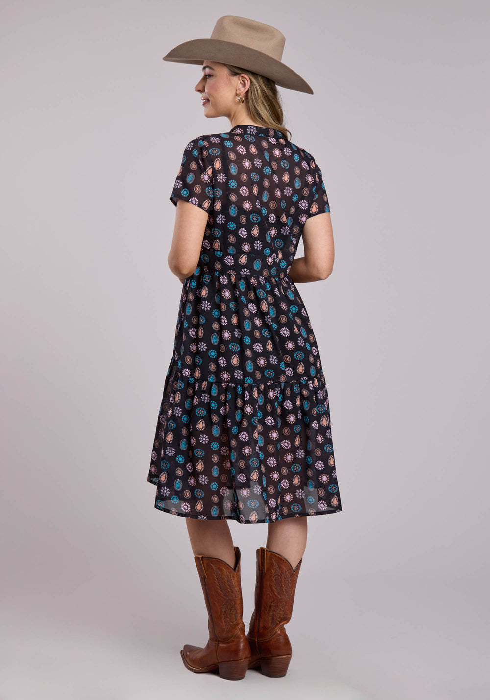 WOMENS ROPER BLACK CONCHO PRINT POLY GEORGETTE SHORT SLEEVE DRESS