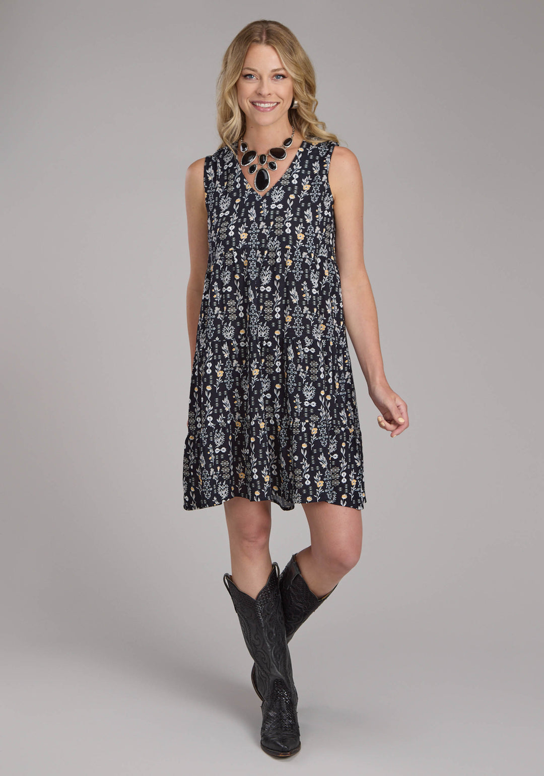 WOMENS BLACK VINTAGE FLORAL PRINT RAYON SLEEVELESS DRESS PULLOVER DRESS