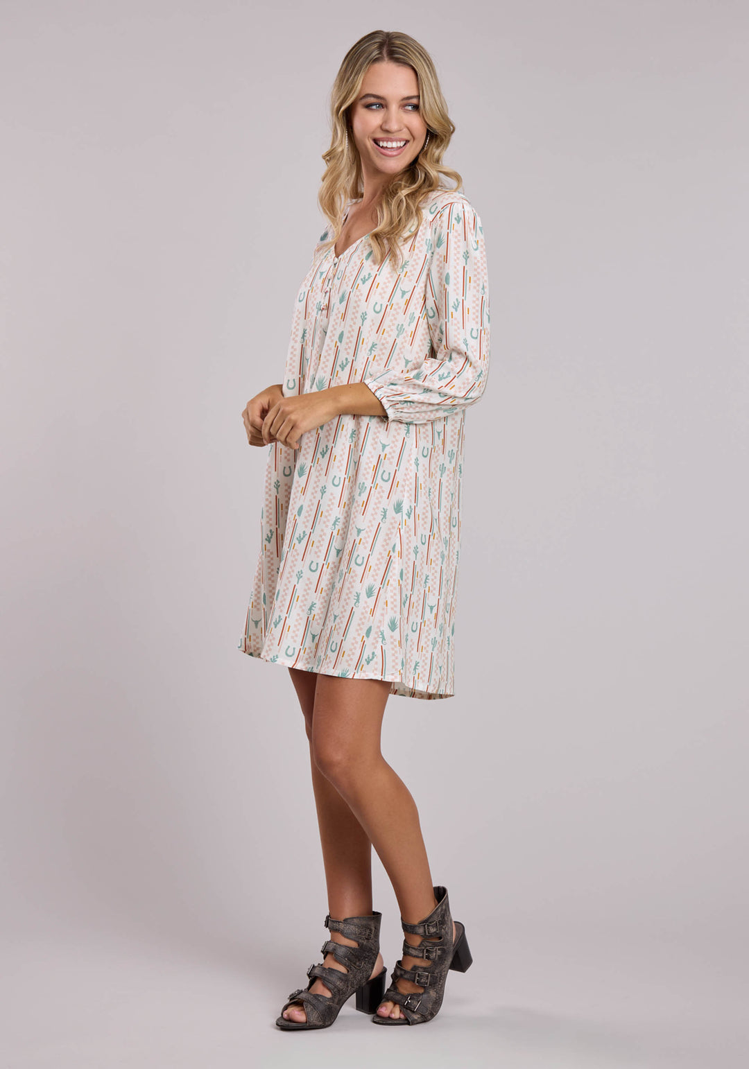 WOMENS ROPER CHECKER STRIPE PRINTED RAYON WESTERN BUTTON UP DRESS