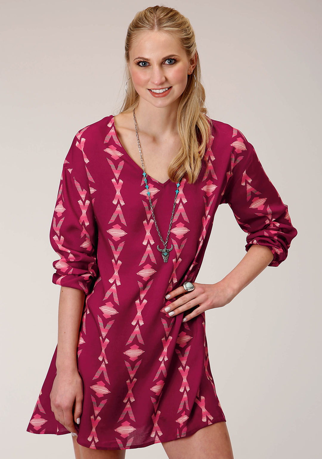 WOMENS LONG SLEEVE WINE AZTEC PRINT DOLMAN SLEEVELESS DRESS