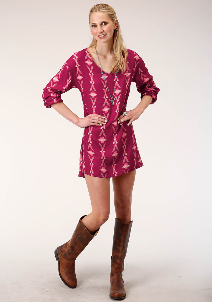WOMENS LONG SLEEVE WINE AZTEC PRINT DOLMAN SLEEVELESS DRESS