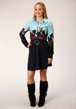 WOMENS LONG SLEEVE COWGIRL BORDER PRINTED RAYON DRESS