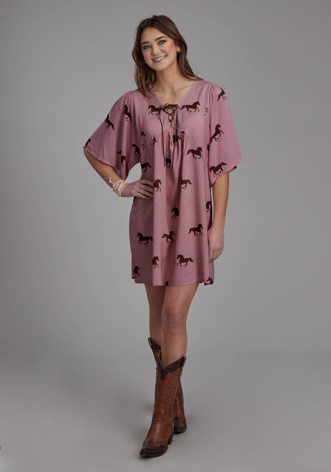 WOMENS WILD HORSES PRINTED RAYON SHORT SLEEVE DRESS PULLOVER DRESS