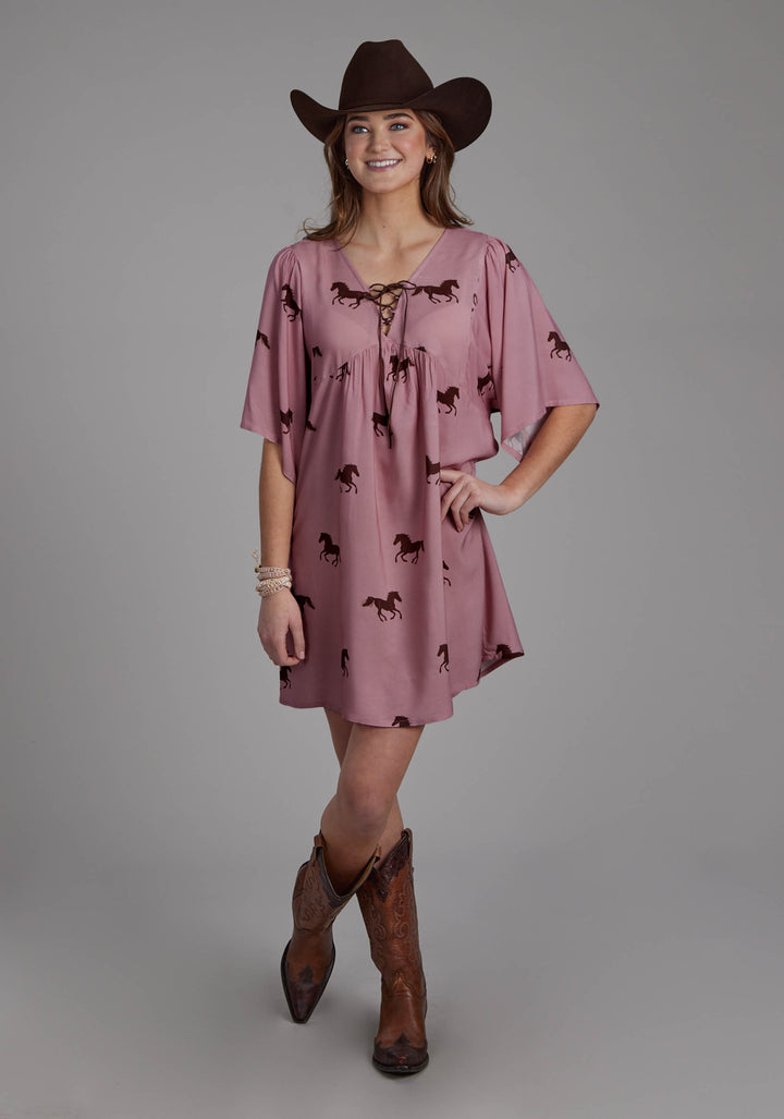 WOMENS WILD HORSES PRINTED RAYON SHORT SLEEVE DRESS PULLOVER DRESS